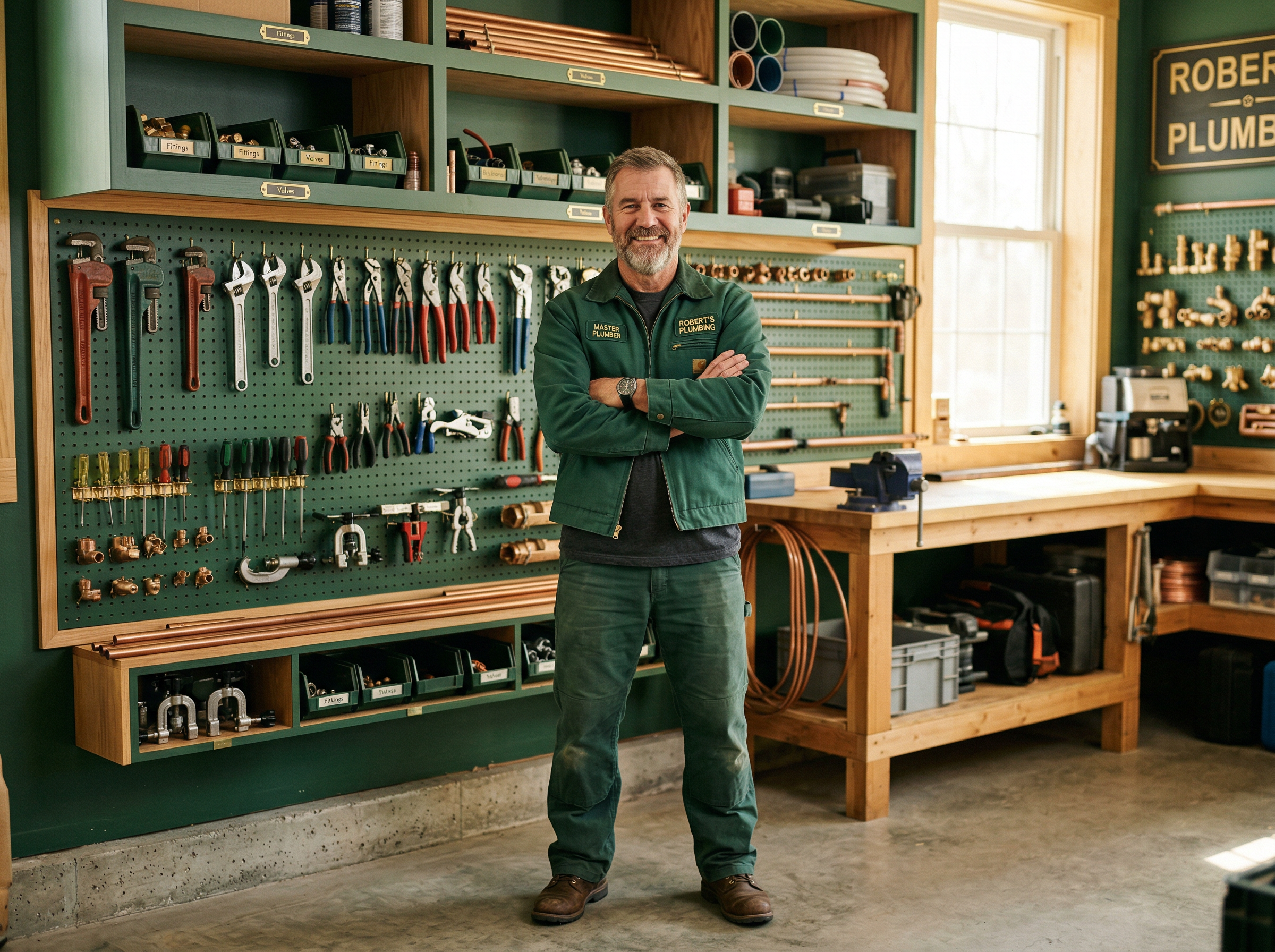 Kevin Sturtevant, owner and master plumber of Sturtevant Plumbing, standing in a well-organized workshop